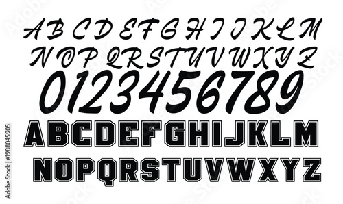 Script and Varsity Alphabet Vector Set with Numbers for Sports Branding and Graphic Design