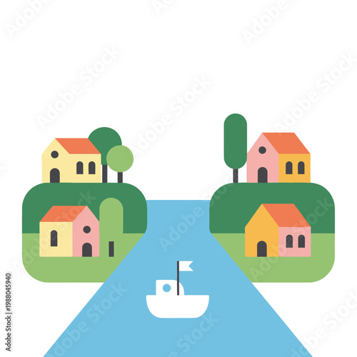 Charming village scene with houses, trees, and a boat on a river, flat design.