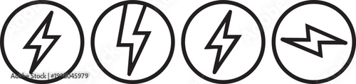 Lightning bolt vector icon set featuring four distinct black outline shapes inside circular frames for electrical energy concepts and power button user interface web design elements isolated
