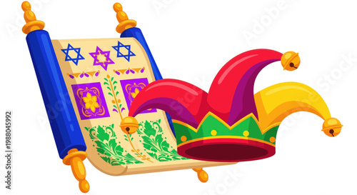 Purim Celebration: Torah Scroll and Jester Hat with Bells