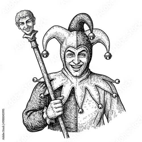 Jester with Head Staff - Vintage Illustration