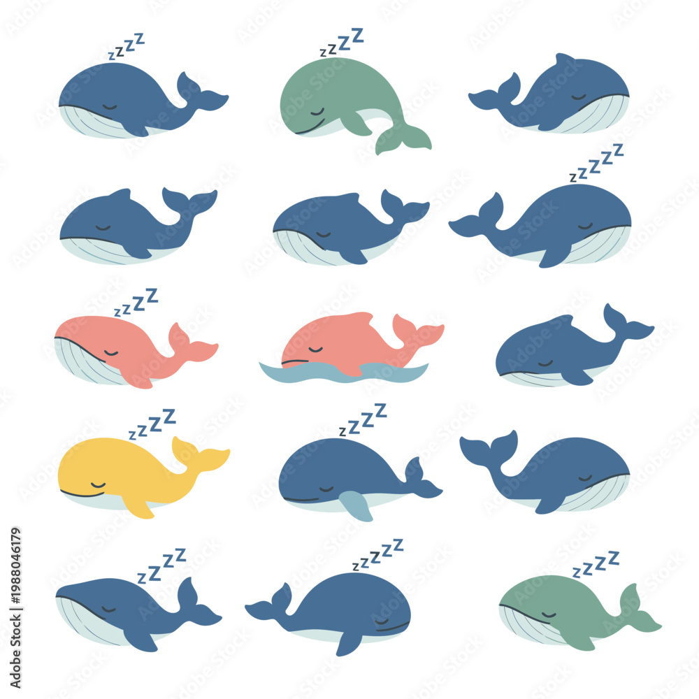 Fototapeta premium Cute Sleeping Whales Collection, Cartoon Underwater Marine Mammals