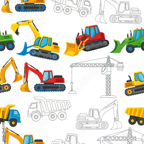 Construction Vehicles Seamless Pattern: Excavators, Dump Trucks, Crane, Bulldozer
