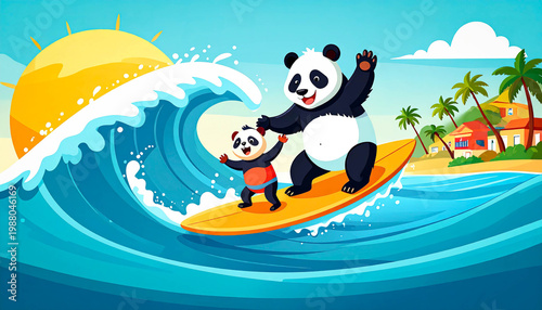  Cute cartoon panda father and son surfing together, joyful ocean scene with bright waves and a beautiful sky.