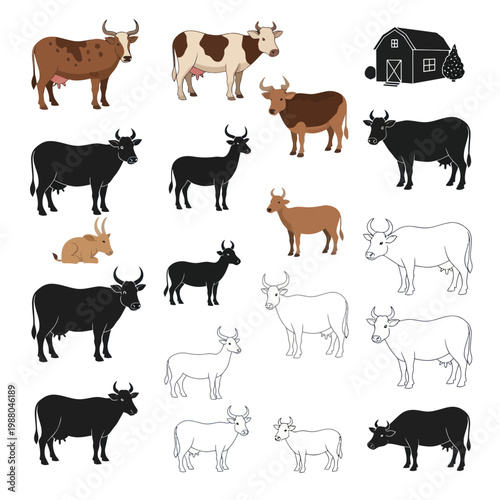 Diverse Cow Illustrations Collection: Farm Animals, Barn, Silhouette, Outline, Realistic