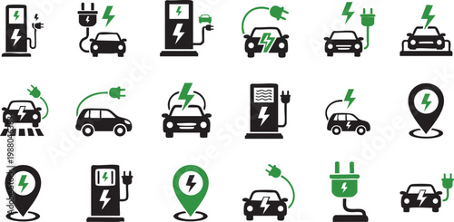 Electric vehicle icons set featuring charging stations cars plugs and energy symbols in a flat vector graphic style for modern transportation infrastructure design projects isolated