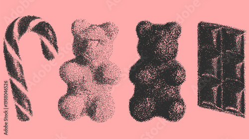 Candy cane, gummy bears, and chocolate bar set design. Colorful vector illustration on a pink background.