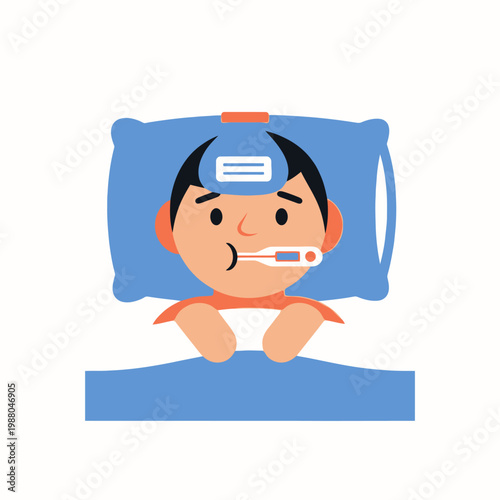 Sick Child in Bed with Thermometer and Cold Compress, Feeling Unwell