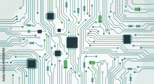 Close-up of a complex electronic circuit board with integrated circuits and resistors