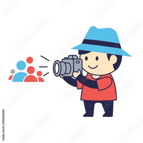Cartoon Photographer Capturing Group of People with Camera