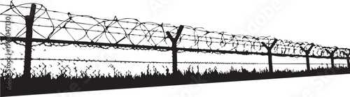 Barbed wire fence vector illustration featuring a long metallic barrier with sharp spikes designed for security and border protection isolated on a plain white background for industrial graphic design