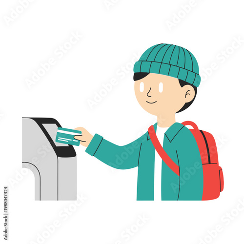 Young man with backpack using card at ticket machine, travel, commute, modern lifestyle