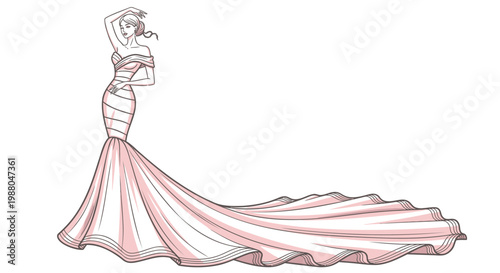 Elegant pink evening gown, formal dress, fashion illustration, vector fashion design