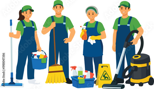 Professional Janitor and Cleaning Staff Set for Facility Maintenance and Hygiene Services Flat Vector Illustration