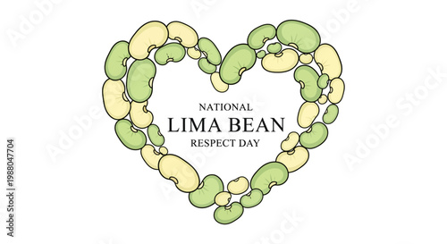 A heart-shaped design for National Lima Bean Respect Day is made of cartoon lima beans in shades of green and cream, presented as vector illustrations against a clean white background