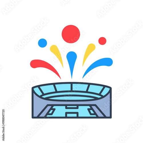 Sports stadium with fireworks celebration, flat design icon