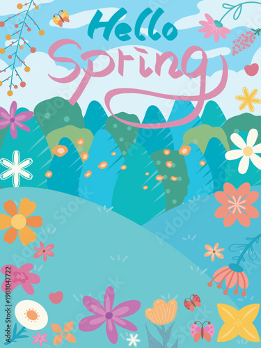 Hello spring lettering with flowers and strawberries on green tree background.