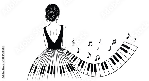 Piano, music, woman, dancer, illustration, vector, black and white, musical notes, dress, performance, art