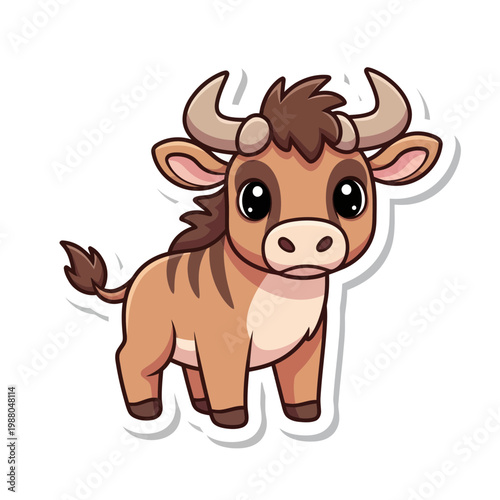 Cute cartoon wildebeest sticker, funny animal illustration, isolated on white background