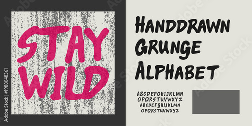 Hand drawn grunge alphabet font featuring rough textured brush lettering with a bold and organic style. This handmade typography set includes uppercase characters with a distressed, 