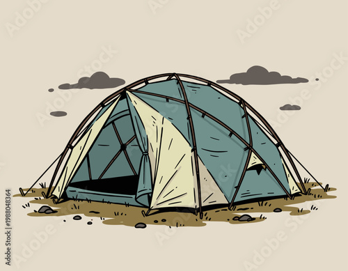 Hand Drawn Geodesic Family Camping Tent Illustration