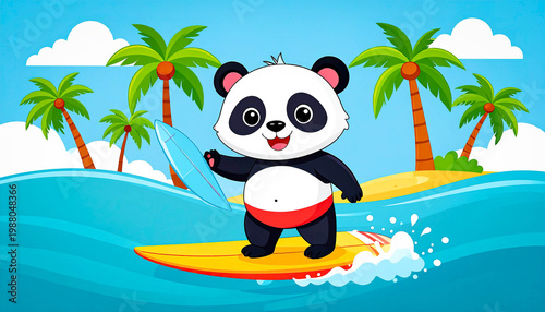Cute cartoon panda surfing a wave, seaside view with bright blue ocean and a sunny sky.