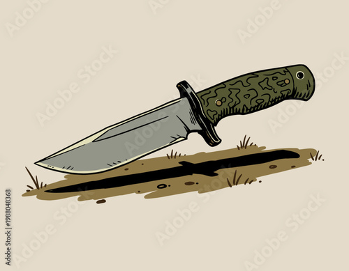 Hand Drawn Fixed Blade Survival Knife with Camouflage Handle on Ground Illustration