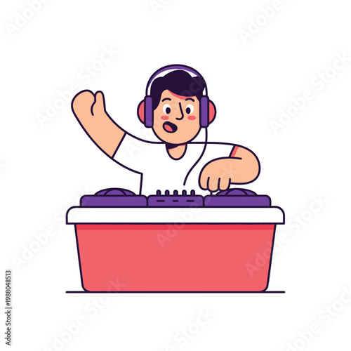 Animated DJ playing music with headphones and turntable, energetic party vibe