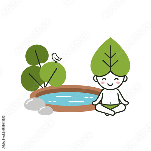 Cute Cartoon Boy Meditating in Nature with Onsen and Bird