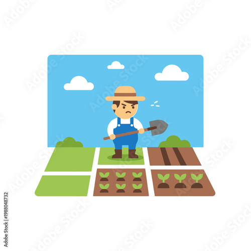 Angry Farmer Holding Shovel Working in Field with Growing Plants