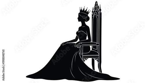 Queen, royal silhouette, crowned monarch, black vector icon, throne chair