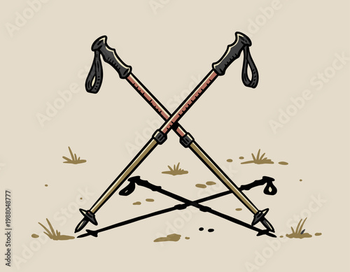 Hand Drawn Illustration of Crossed Trekking Poles for Outdoor Hiking Adventure