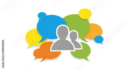 Communication concept with people icons and speech bubbles.
