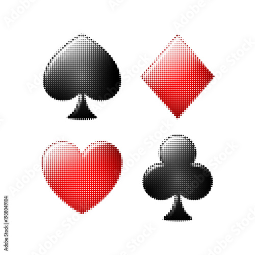 Playing card suits set isolated on white background, halftone illustration of spade, heart, diamond and club symbols, casino and game concept.