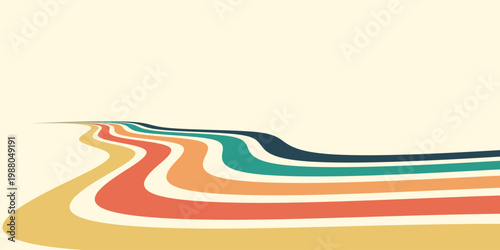 Abstract colorful 70s background vector. Vintage retro wallpaper with rainbow stripes and wavy lines. A 1970 color illustration suitable for posters, banners, decorative items and wall art.