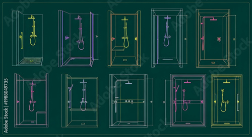 Multicolor Shower Top View Blueprint Vector Collection – AutoCAD Bathroom Fixture Multi View Technical Drawing on Dark Green Background