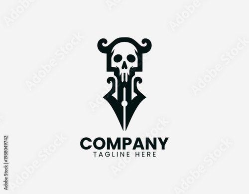 Abstract pen nib with skull minimalist black vector logo