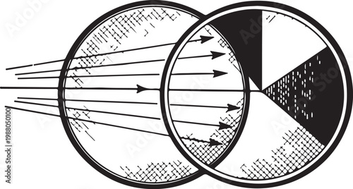 Illustration of light rays passing through a lens and forming a pie chart pattern hand drawing illustration vector