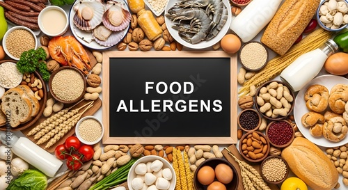 Overhead flat lay of various common food allergens arranged around a chalkboard displaying 'Food Allergens', highlighting dietary restrictions and food sensitivity awareness.
