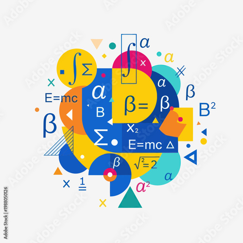 Abstract Math Formulas and Symbols Collage, Geometric Shapes, Science Concept
