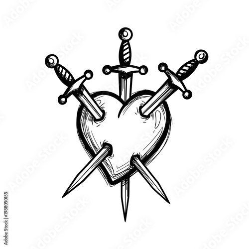 Broken Heart Pierced by Three Swords - Tattoo Style Illustration