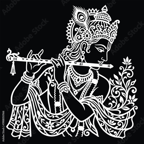 Hindu God Krishna Playing Flute Instrument.