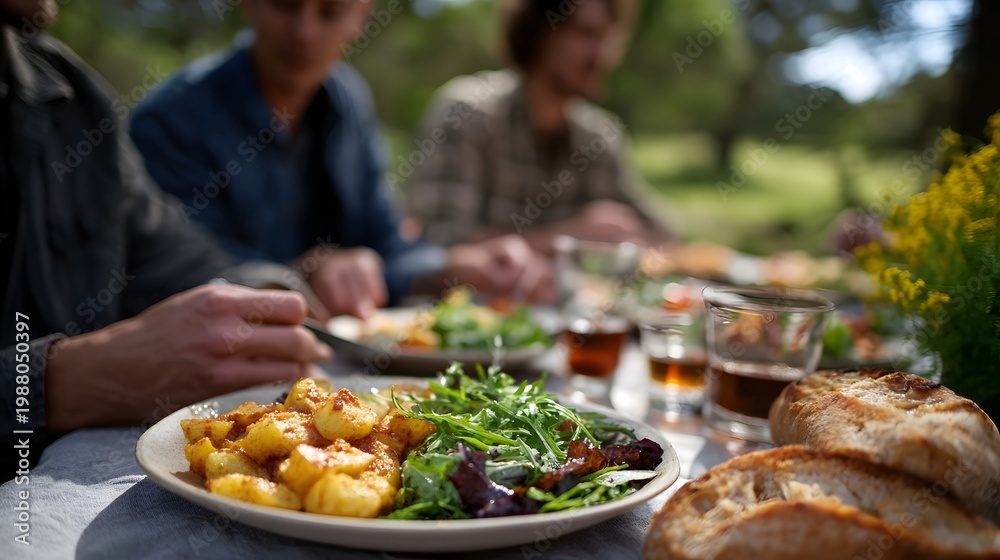 Obraz premium People gathered around a rustic outdoor table enjoying a nutritious and wholesome meal in a park setting
