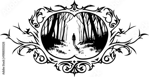 SVG eerie dark landscape scenes drawing vector illustration. Mysterious Silhouette Walking Through Spooky Forest Trail