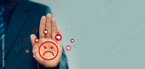 Photos Customer negative feedback concept with businessman showing sad face and dislike icons, service dissatisfaction, poor experience, complaint management, and business reputation risk