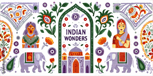 A colorful illustration depicts indian motifs including elephants architecture and stylized portraits