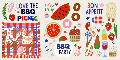 A colorful illustration depicts a summer picnic with food drinks and decorative elements