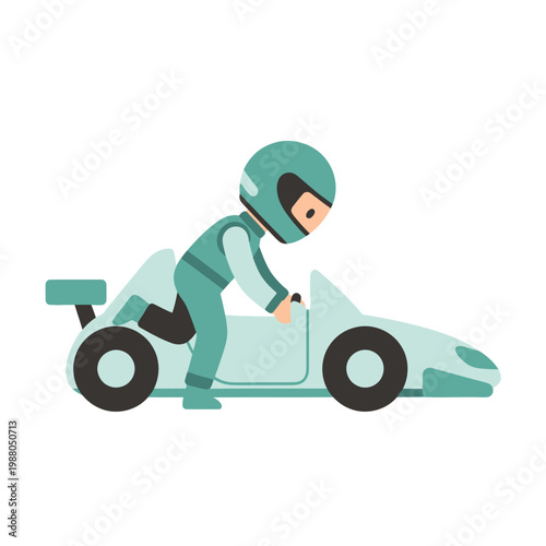 Cartoon racing driver preparing to enter a light blue race car