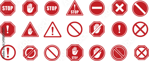 Red stop and warning sign collection for danger and prohibition alerts.