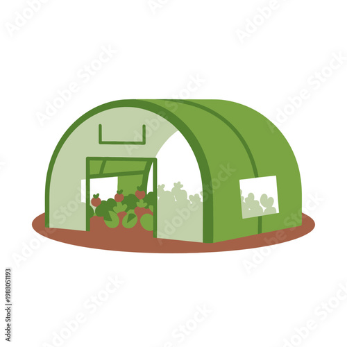 Greenhouse with fresh vegetables growing inside, illustration